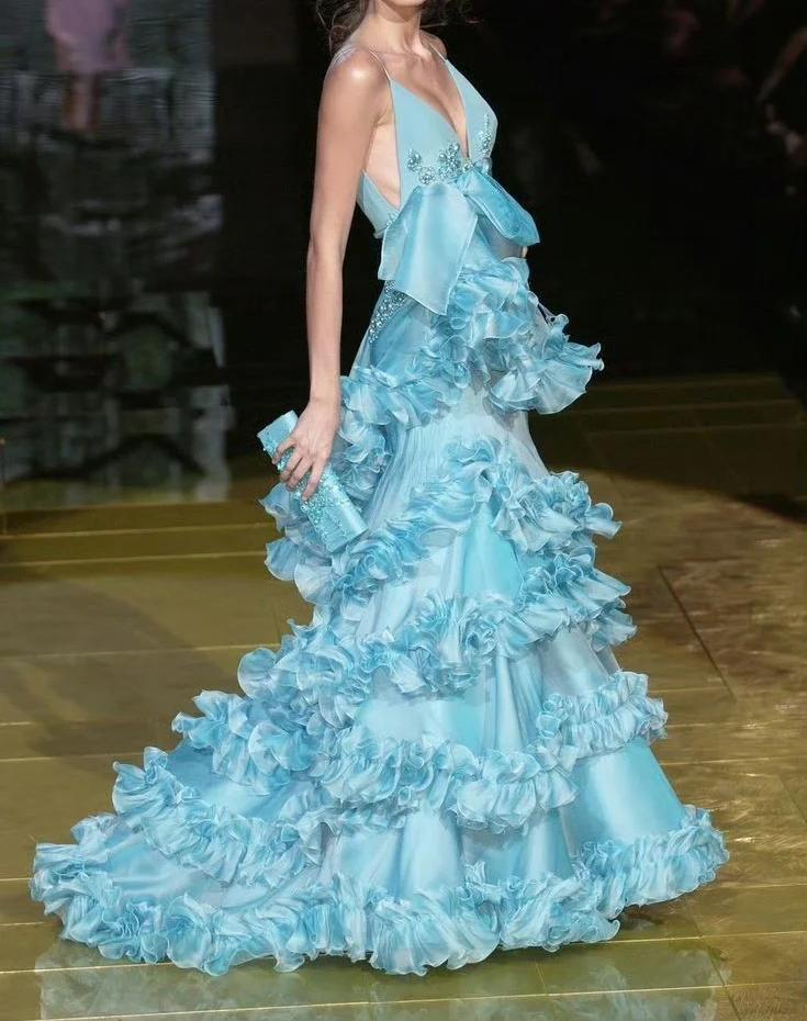 Gorgeous Blue Spaghetti Straps Chiffon Mermaid Formal Evening Dress Unique Prom Dress ED02102