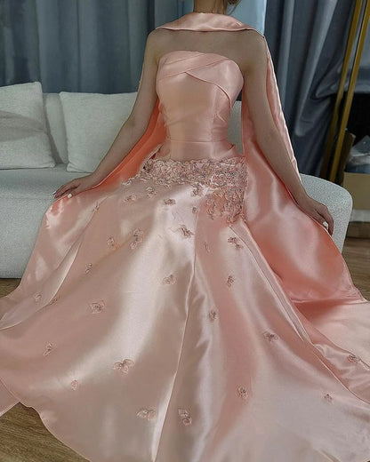 Elegant Gray Blue Satin A-Line Strapless Wedding Dress Formal Evening Dress ED02104