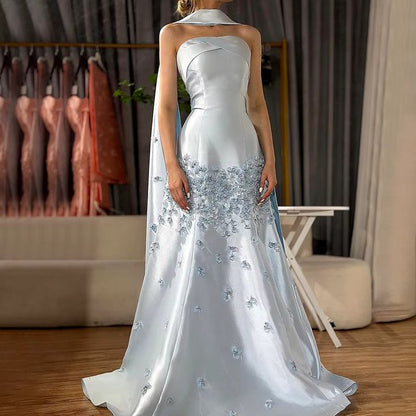 Gray Blue Satin A-Line Strapless Wedding Dress Formal Evening Dress HZ1024