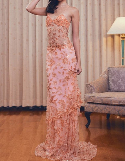 Gorgeous Lace Beaded Spaghetti Straps Tulle Sheath Long Prom Dress Charming Evening Party Dress ED02106