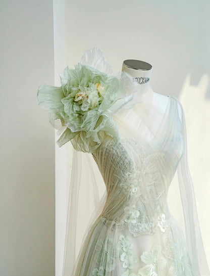 Light Green One Shoulder A-Line Tulle Applique Wedding Dress Formal Evening HZ1024