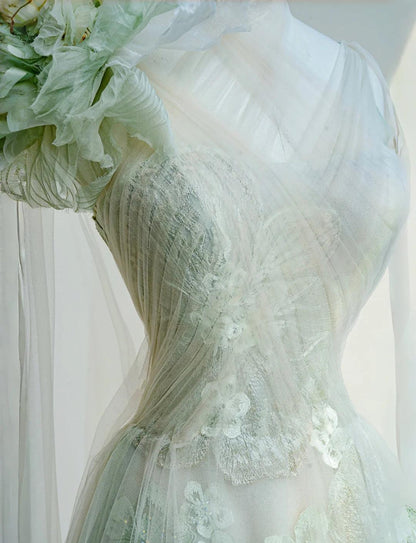 Light Green One Shoulder A-Line Tulle Applique Wedding Dress Formal Evening HZ1024