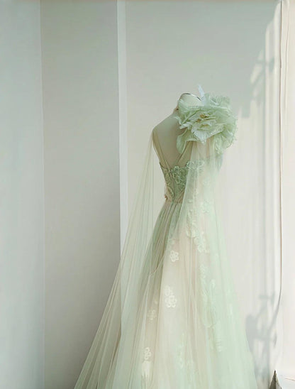 Light Green One Shoulder A-Line Tulle Applique Wedding Dress Formal Evening HZ1024