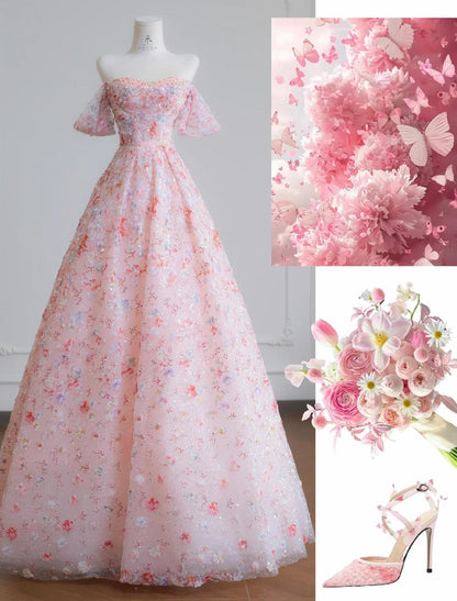 Pink Off-the-shoulder A-Line Tulle Sequin Applique Wedding Dress Sweet 16 Dresses HZ1024