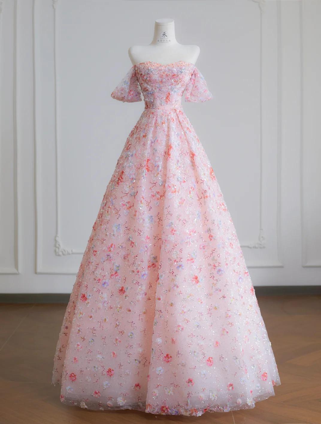 Pink Off-the-shoulder A-Line Tulle Sequin Applique Wedding Dress Sweet 16 Dresses HZ1024