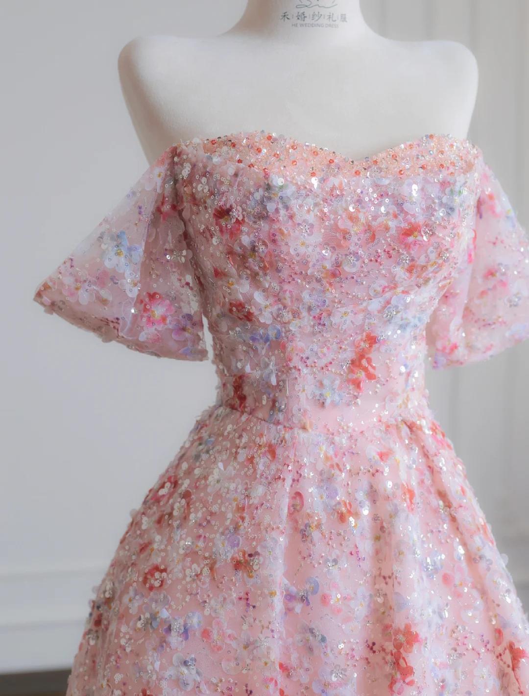 Pink Off-the-shoulder A-Line Tulle Sequin Applique Wedding Dress Sweet 16 Dresses HZ1024