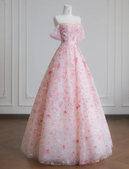 Pink Off-the-shoulder A-Line Tulle Sequin Applique Wedding Dress Sweet 16 Dresses HZ1024