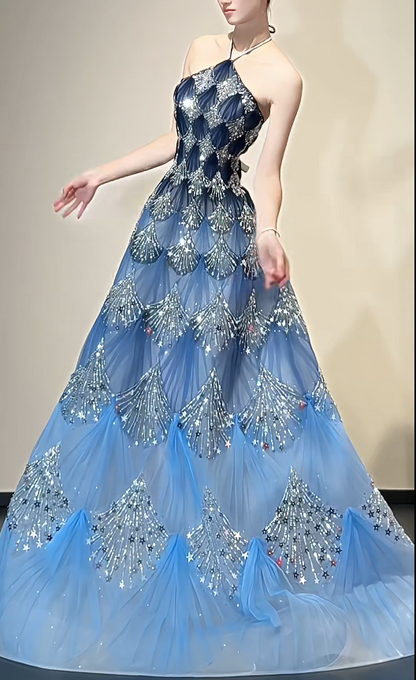 Ocean Blue Halter A-Line Tulle Sequin Wedding Dress Long Prom Dress HZ1024