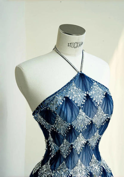 Fashionable Ocean Blue Halter A-Line Tulle Sequin Wedding Dress Long Prom Dress ED02111