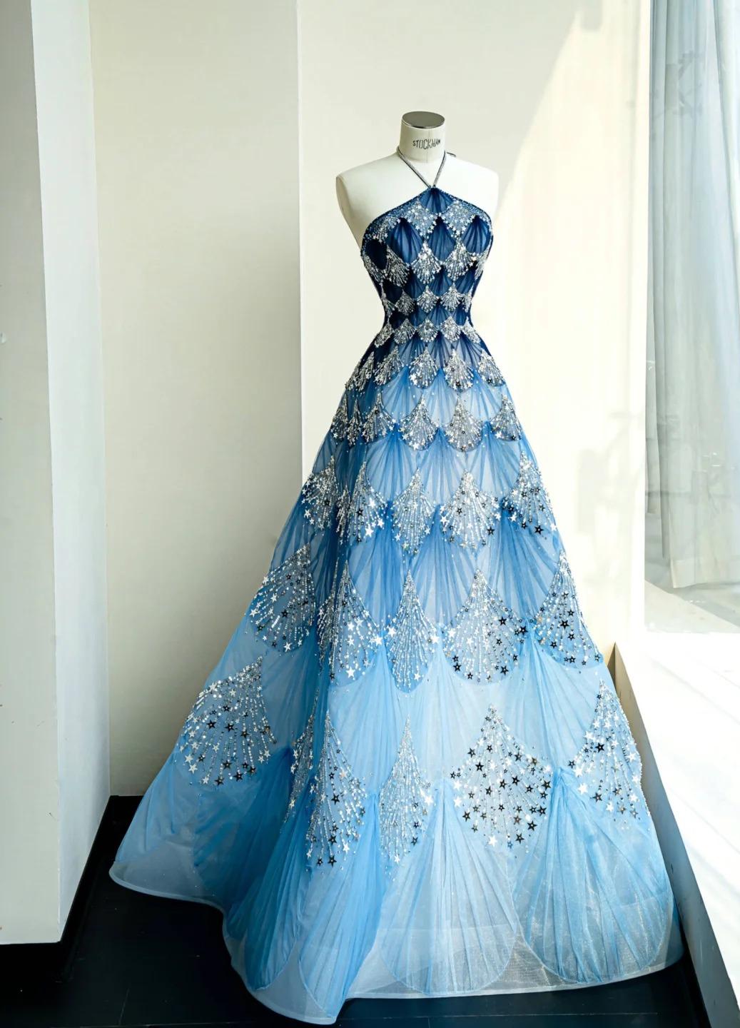 Ocean Blue Halter A-Line Tulle Sequin Wedding Dress Long Prom Dress HZ1024