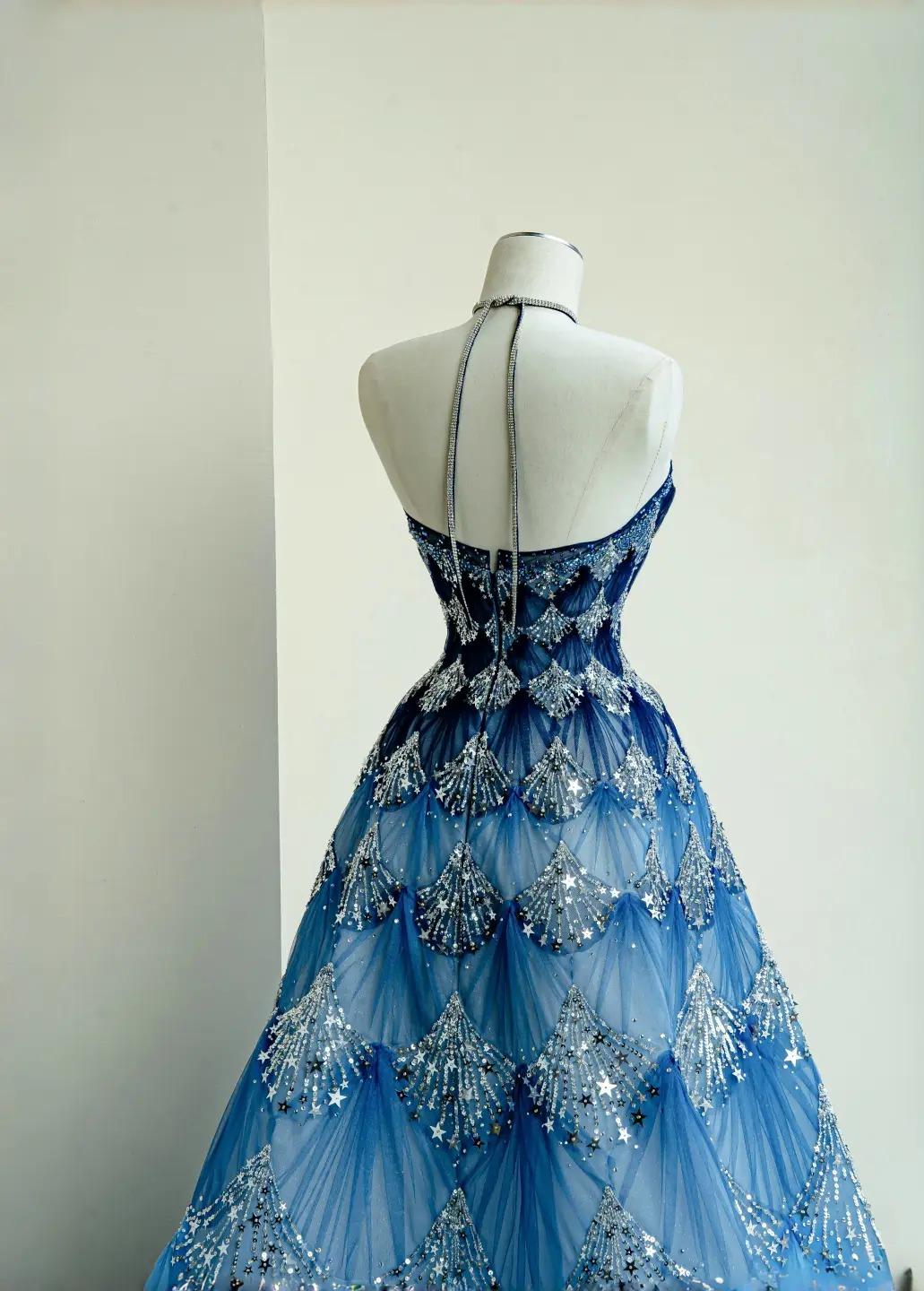 Fashionable Ocean Blue Halter A-Line Tulle Sequin Wedding Dress Long Prom Dress ED02111