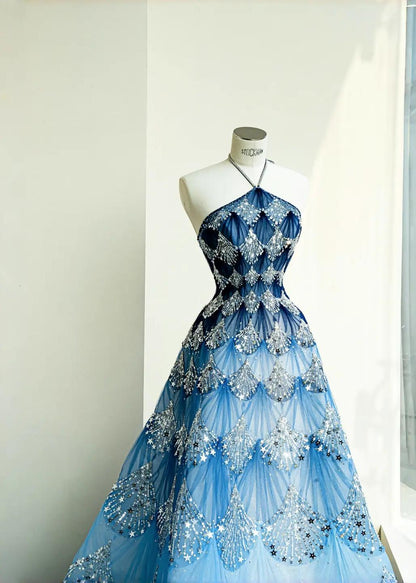 Ocean Blue Halter A-Line Tulle Sequin Wedding Dress Long Prom Dress HZ1024