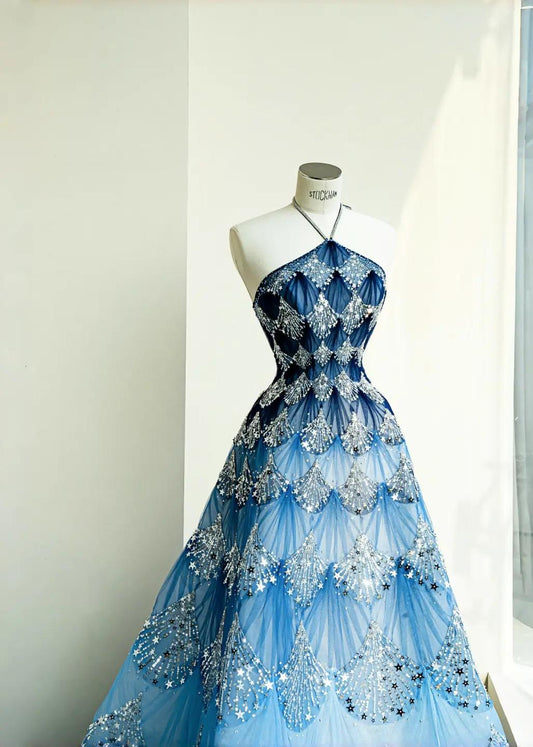 Fashionable Ocean Blue Halter A-Line Tulle Sequin Wedding Dress Long Prom Dress ED02111