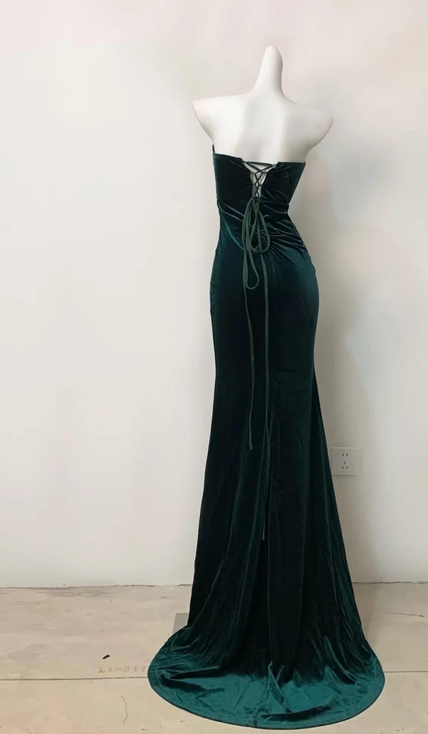 Dark Green Strapless Mermaid Velvet Long Evening Dress HZ1024