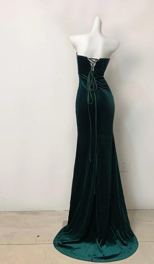Dark Green Strapless Mermaid Velvet Long Evening Dress HZ1024