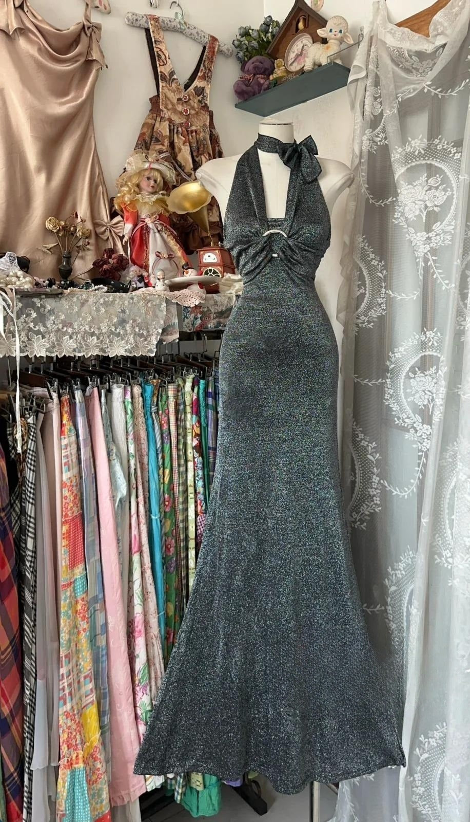 Halter Black Grey Sheath Backless Long Party Dress Cocktail Dress HZ1024