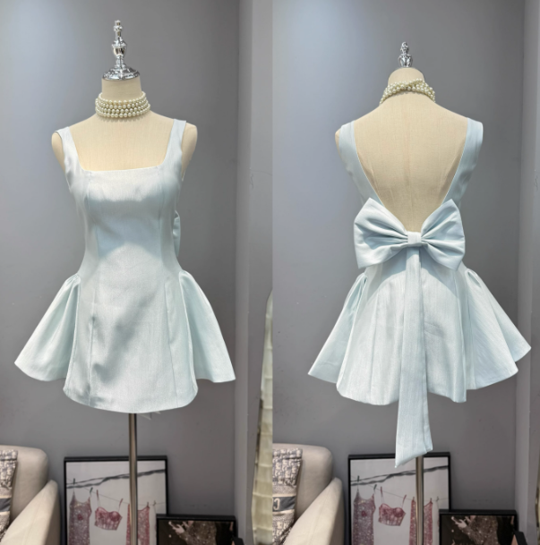 Cute Square Neck A-line Backless Birthday Dress  Bow Short Prom Dress Sweet Homecoming Dress ED02115