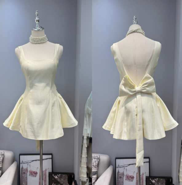 Cute Square Neck A-line Backless Birthday Dress  Bow Short Prom Dress Sweet Homecoming Dress ED02115