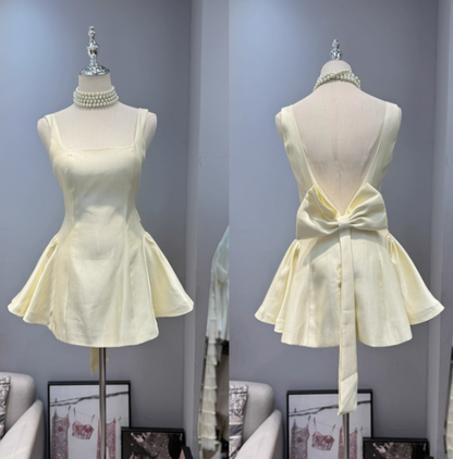 Cute Square Neck A-line Backless Birthday Dress  Bow Short Prom Dress Sweet Homecoming Dress ED02115