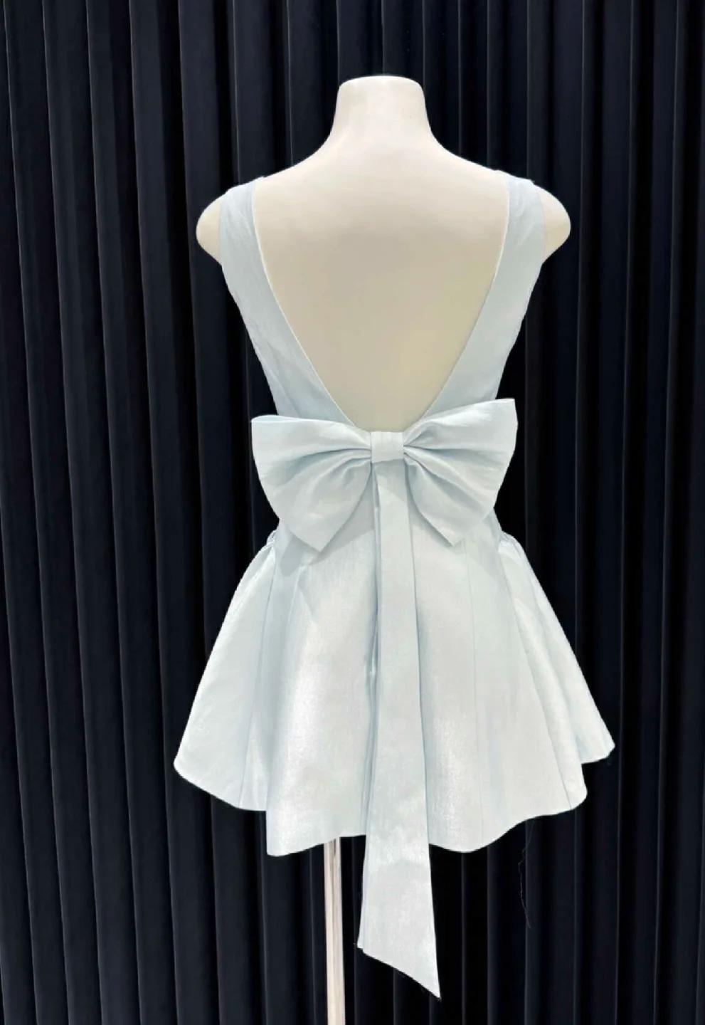 Cute Square Neck A-line Backless Birthday Dress  Bow Short Prom Dress Sweet Homecoming Dress ED02115