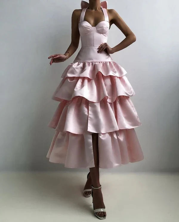 Pink A-Line Halter Prom Dress Tiered Satin Empire-Waist Sleeveless Party Dress 22nd Birthday Dress with Bow  ED02118