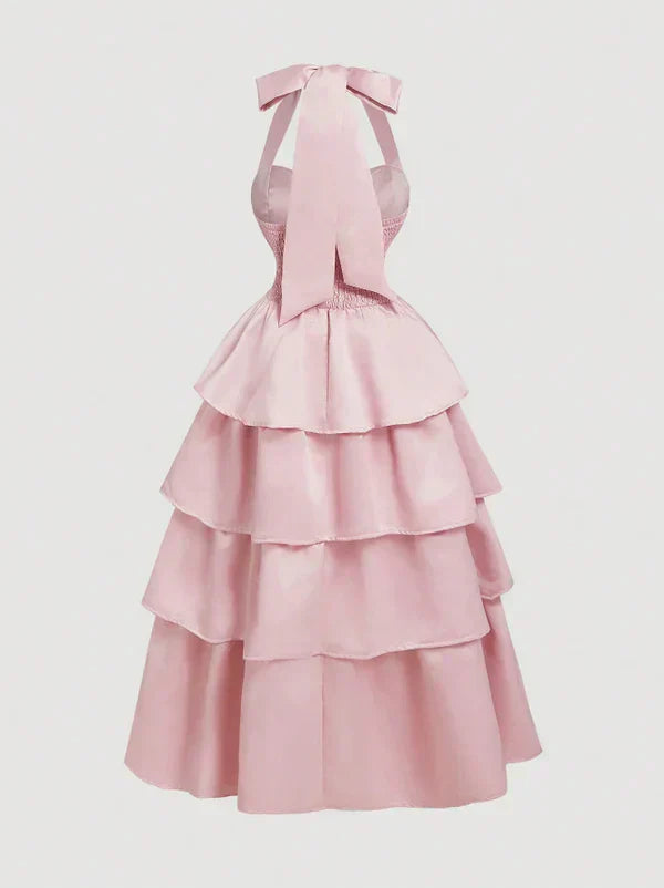 A-Line Halter Prom Dress Tiered Satin Empire-Waist Sleeveless Party Dress 22nd Birthday Dress with Bow HZ1024