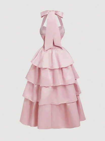 A-Line Halter Prom Dress Tiered Satin Empire-Waist Sleeveless Party Dress 22nd Birthday Dress with Bow HZ1024