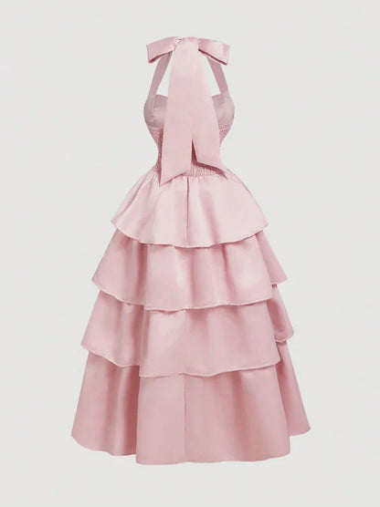 Pink A-Line Halter Prom Dress Tiered Satin Empire-Waist Sleeveless Party Dress 22nd Birthday Dress with Bow  ED02118
