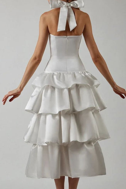 Pink A-Line Halter Prom Dress Tiered Satin Empire-Waist Sleeveless Party Dress 22nd Birthday Dress with Bow  ED02118