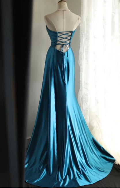 Satin Mermaid Long Evening Dresses Turquoise Sweetheart Open Back Prom Dresses HZ1024