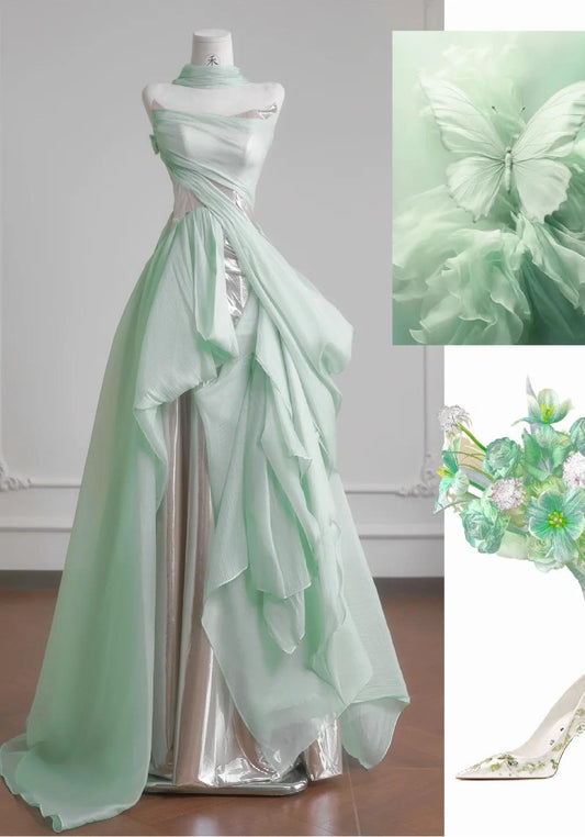 Light Green A-Line Wedding Dresses Sweet Chiffon Strapless Long Prom Dresses HZ1024
