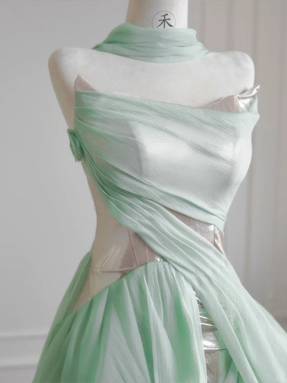 Light Green A-Line Wedding Dresses Sweet Chiffon Strapless Long Prom Dresses HZ1024