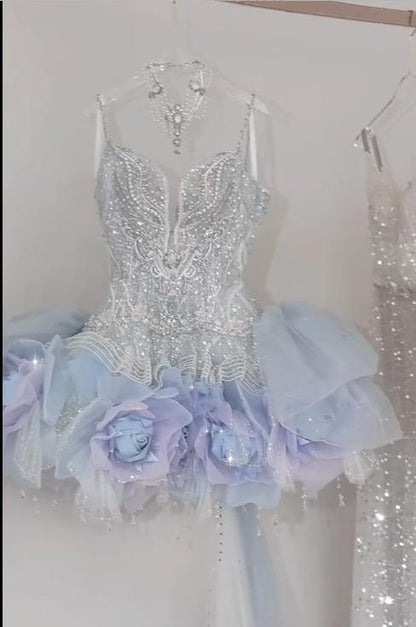 Shiny V-neck A-Line Short Prom Dress Gorgeous Tulle Homecoming Dress  ED02123