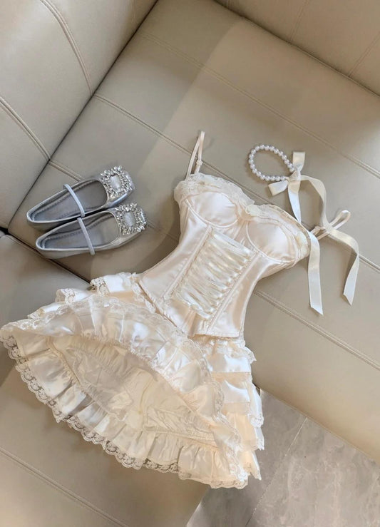 Spaghetti Straps Satin Lace Satin Short Prom Dresses Cute A-Line Two-Piece Homecoming Dress HZ1024