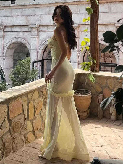 Yellow Chiffon Mermaid Evening Dress Chic Strapless Party Dress HZ1024