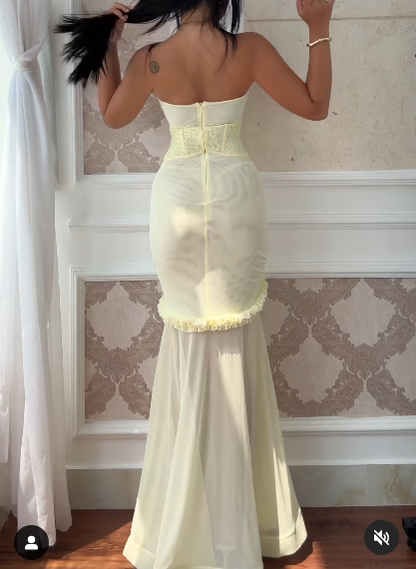 Sexy Yellow Chiffon Mermaid Evening Dress Chic Strapless Party Dress ED02127