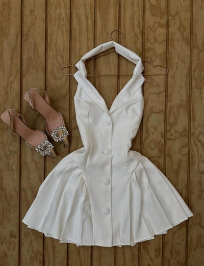 Vintage White V-neck Satin Backless A-line Party Dresses Beautiful Homecoming Dress ED02128
