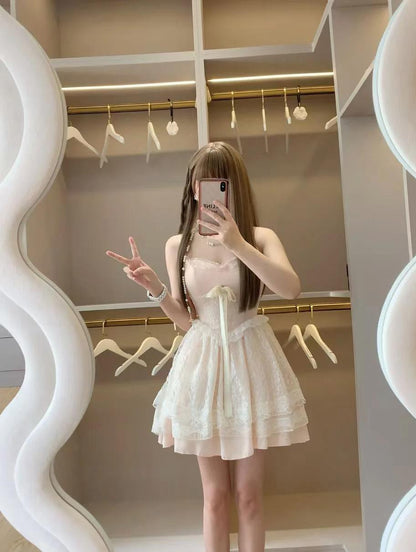 Pink Satin A-line Homecoming Dress Lace Spaghetti Strap Short Prom Dress for Party ED02132