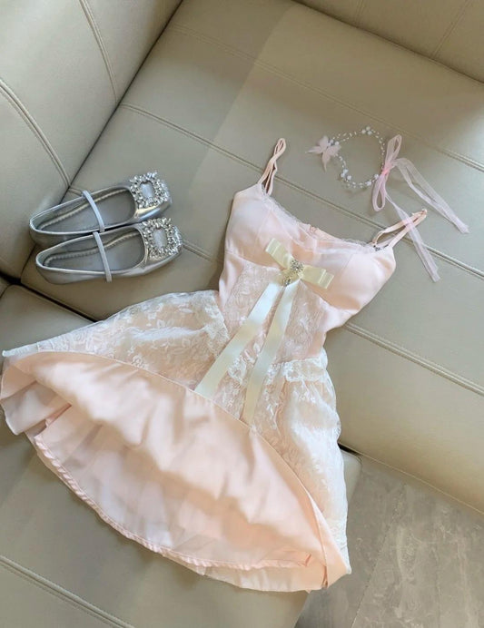 Pink Satin A-line Homecoming Dress Lace Spaghetti Strap Short Prom Dress for Party ED02132