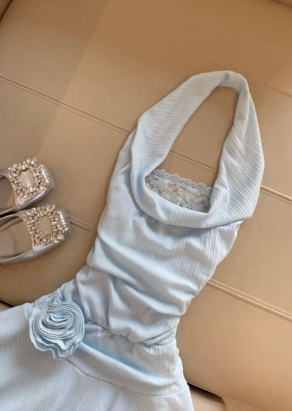 Light Blue Halter Neck Chiffon Backless Homecoming Dress Short Party Dress HZ1024