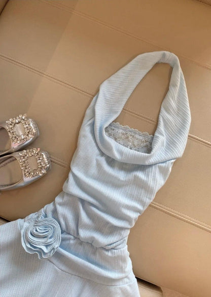 Light Blue Halter Neck Chiffon Backless Homecoming Dress Short Party Dress HZ1024