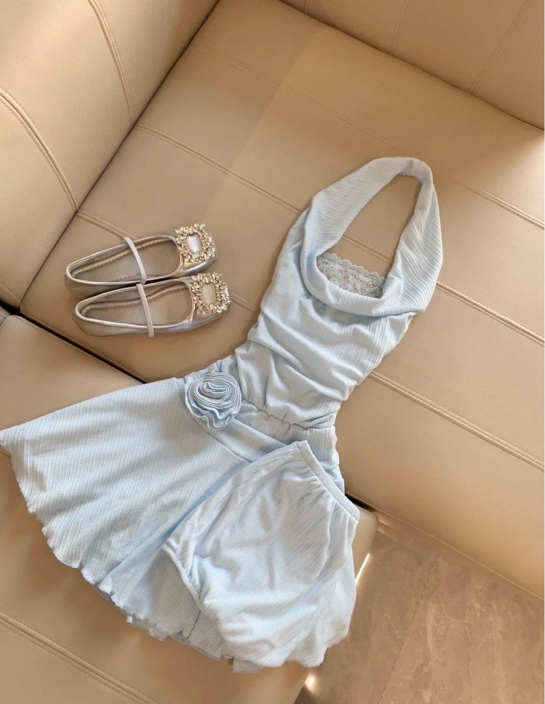 Light Blue Halter Neck Chiffon Backless Homecoming Dress Short Party Dress HZ1024