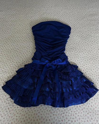 Vintage Dark Sapphire Strapless Chiffon Lace Short Prom Dresses Sweet Homecoming Dresses ED02135