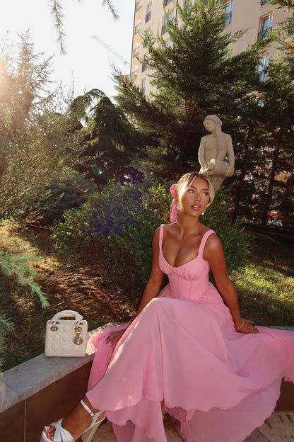Sweet Pink Spaghetti Strap A-line Bridesmaid Dress Chiffon Party Dress ED02146