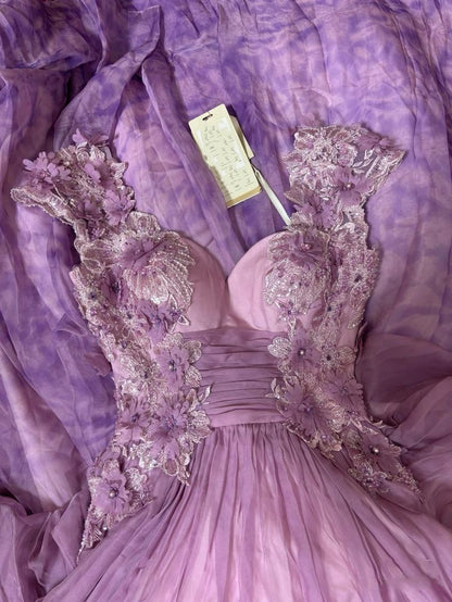 Pretty Purple Chiffon Applique Sweetheart A-Line Long Prom Dresses Formal Evening Gown ED02147