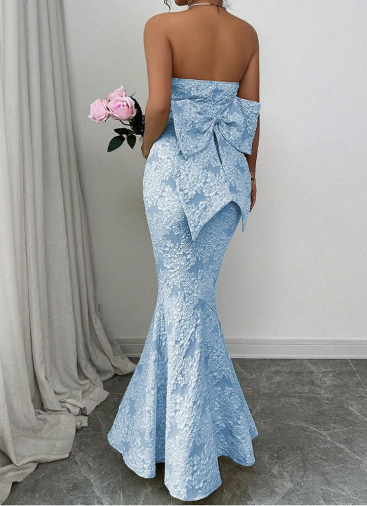 Elegant Blue Mermaid Guest DressesStrapless Jacquard Satin Formal Evening Dress Gorgeous Prom Dress ED02151