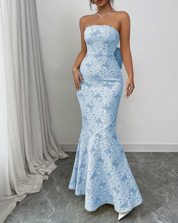 Elegant Blue Mermaid Guest DressesStrapless Jacquard Satin Formal Evening Dress Gorgeous Prom Dress ED02151