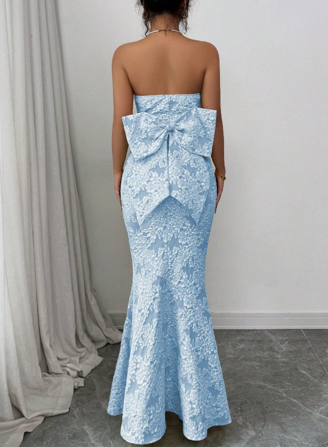 Elegant Blue Mermaid Guest DressesStrapless Jacquard Satin Formal Evening Dress Gorgeous Prom Dress ED02151