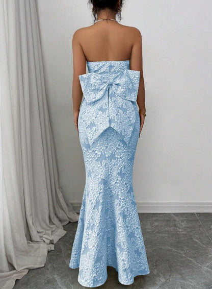 Elegant Blue Mermaid Guest DressesStrapless Jacquard Satin Formal Evening Dress Gorgeous Prom Dress ED02151
