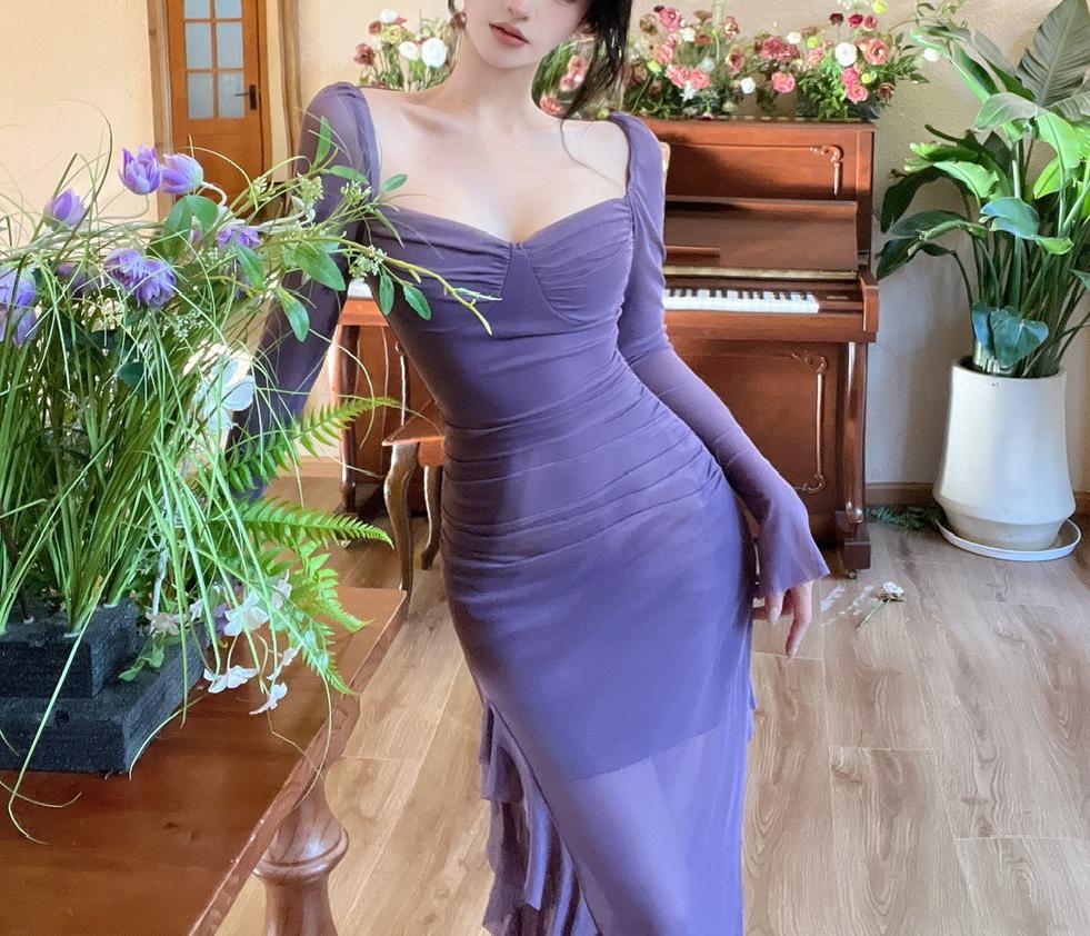Enchanted Purple Square Neck Chiffon Long Sleeve Bodycon Party Dresses ED02152